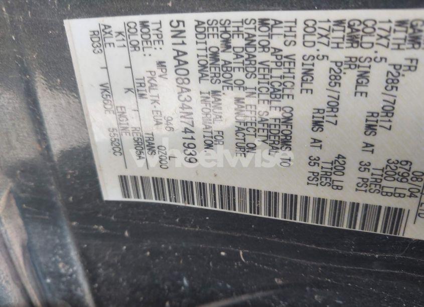 Photo 9 of 2004 Nissan Pathfinder ARMADA SE OFF-ROAD (VIN 5N1AA08A34N741939)