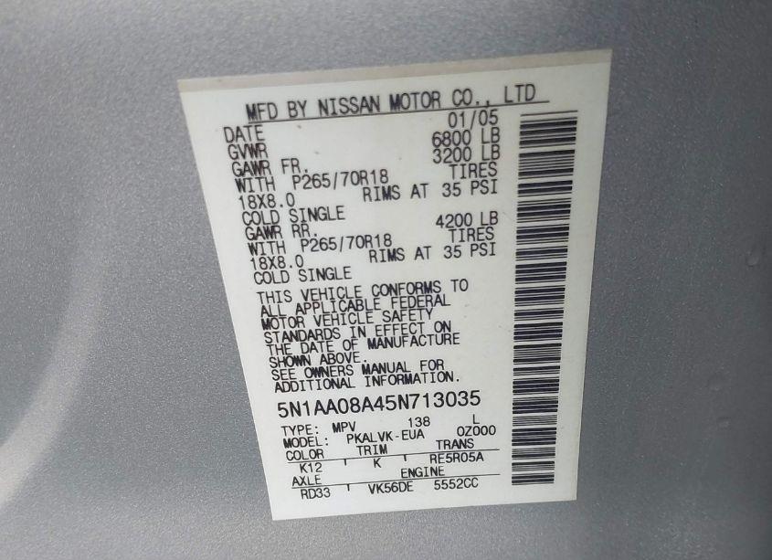 Photo 9 of 2005 Nissan Armada LE (VIN 5N1AA08A45N713035)