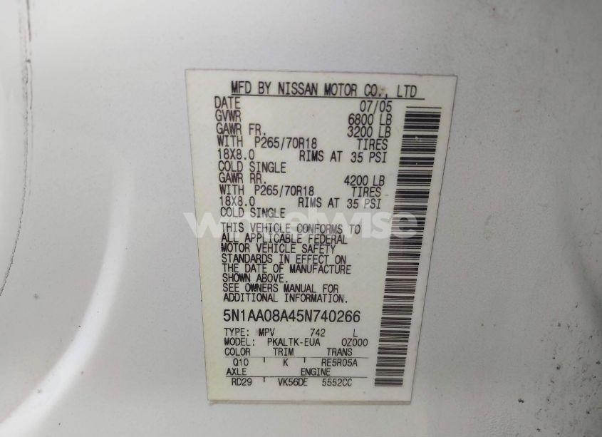 Photo 9 of 2005 Nissan Armada SE (VIN 5N1AA08A45N740266)