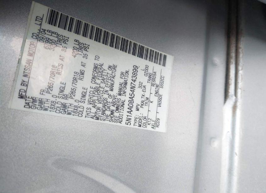 Photo 9 of 2004 Nissan Pathfinder ARMADA SE (VIN 5N1AA08A54N743899)