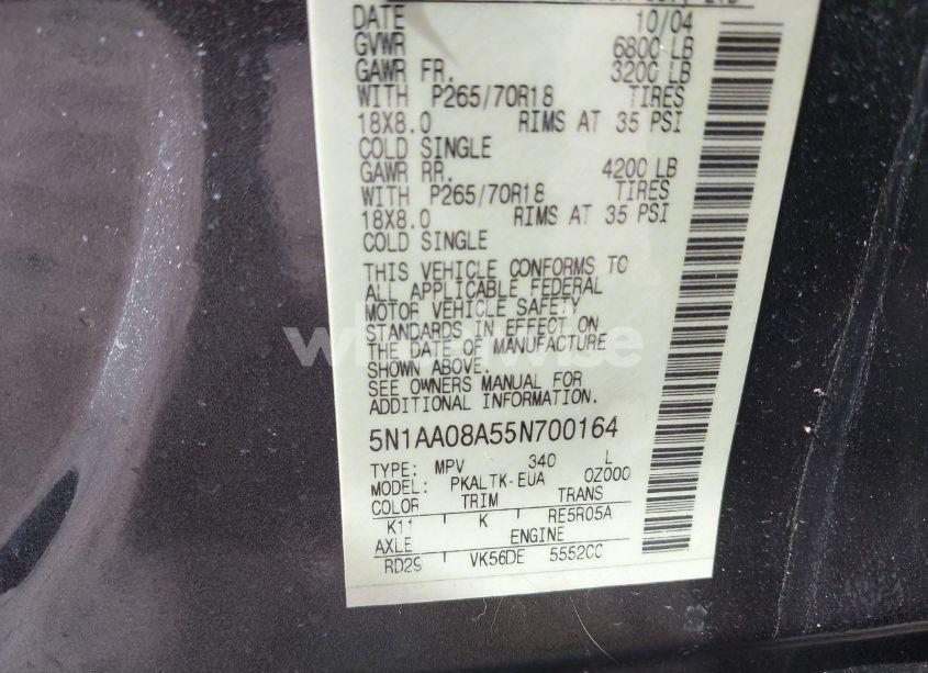 Photo 9 of 2005 Nissan Armada SE (VIN 5N1AA08A55N700164)