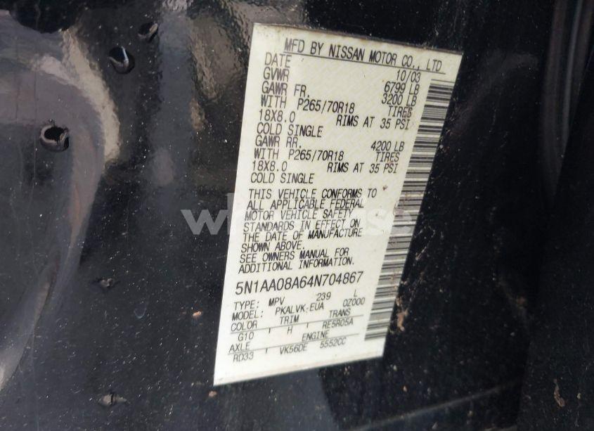 Photo 9 of 2004 Nissan Pathfinder ARMADA LE (VIN 5N1AA08A64N704867)