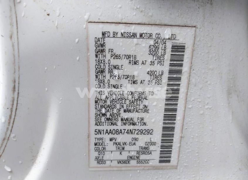 Photo 9 of 2004 Nissan Pathfinder ARMADA LE (VIN 5N1AA08A74N729292)