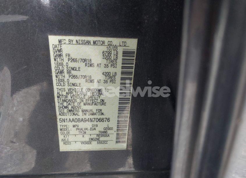 Photo 9 of 2004 Nissan Pathfinder ARMADA LE (VIN 5N1AA08A94N706676)