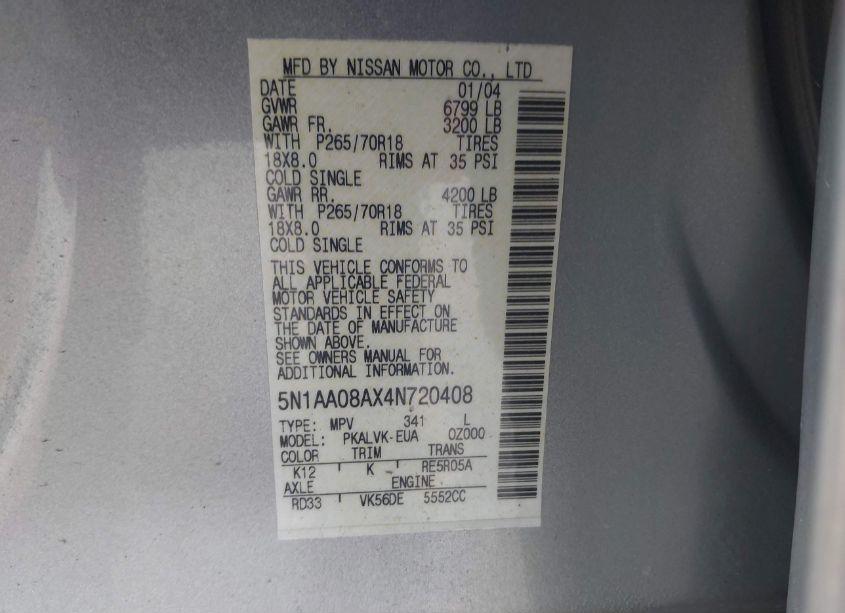 Photo 9 of 2004 Nissan Pathfinder ARMADA LE (VIN 5N1AA08AX4N720408)