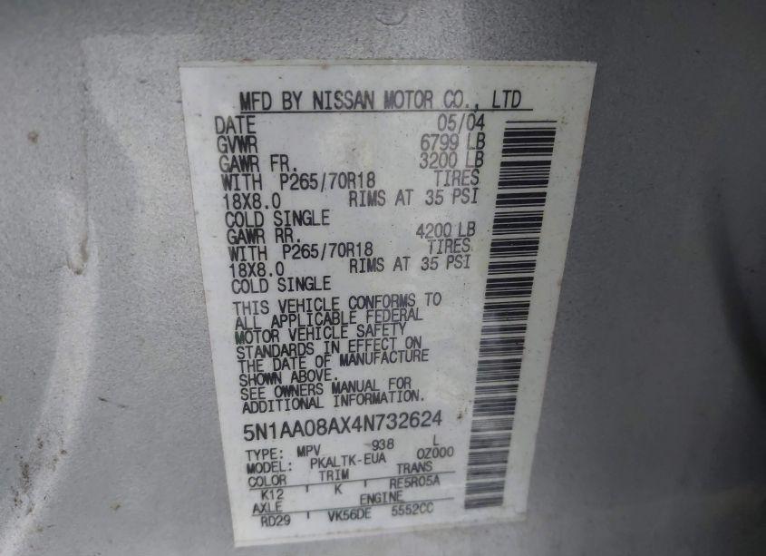 Photo 9 of 2004 Nissan Pathfinder ARMADA SE (VIN 5N1AA08AX4N732624)