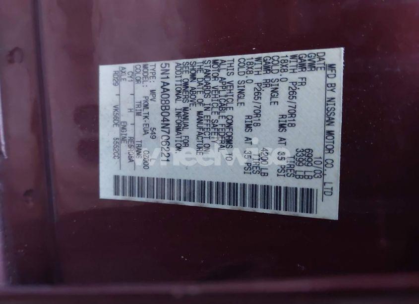 Photo 9 of 2004 Nissan Pathfinder ARMADA SE (VIN 5N1AA08B04N706221)