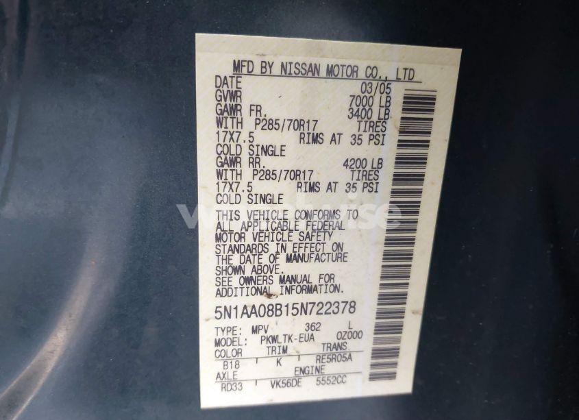 Photo 9 of 2005 Nissan Armada SE OFF-ROAD (VIN 5N1AA08B15N722378)