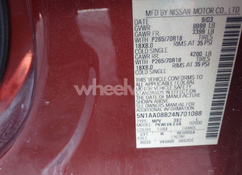 Photo 9 of 2004 Nissan Pathfinder ARMADA LE (VIN 5N1AA08B24N701098)