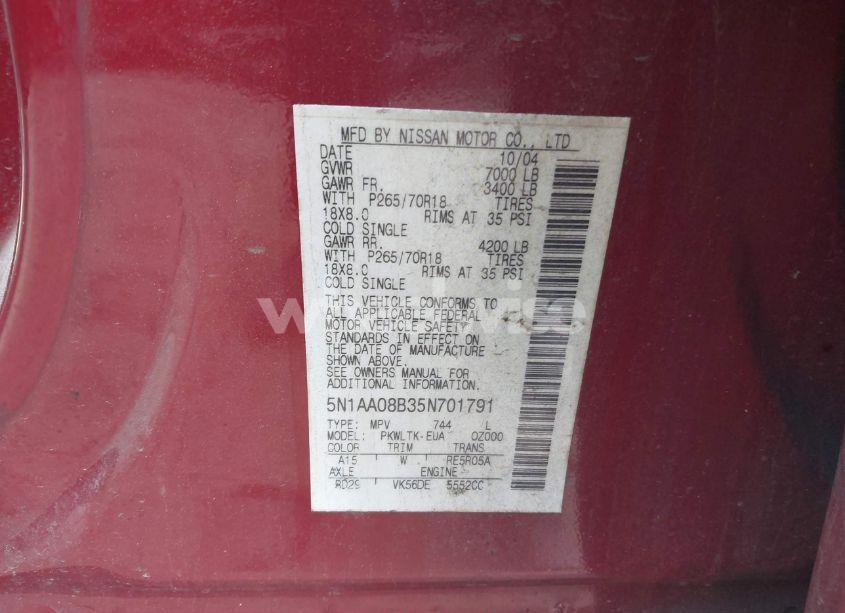 Photo 9 of 2005 Nissan Armada SE (VIN 5N1AA08B35N701791)