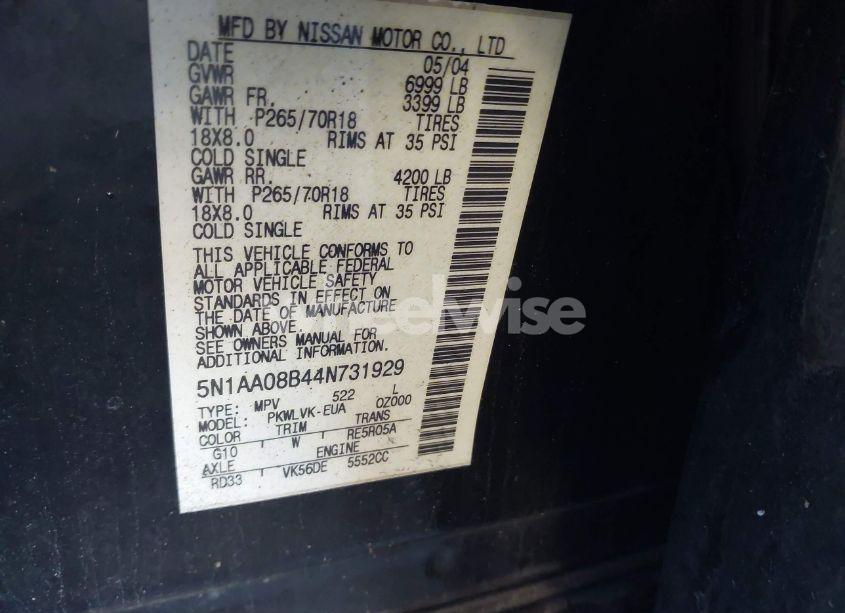 Photo 9 of 2004 Nissan Pathfinder ARMADA LE (VIN 5N1AA08B44N731929)
