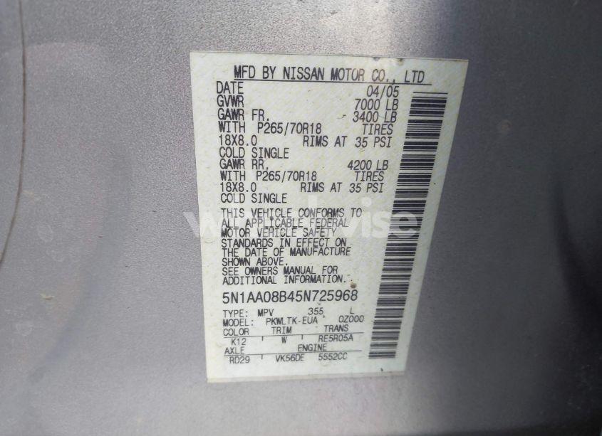 Photo 9 of 2005 Nissan Armada SE (VIN 5N1AA08B45N725968)