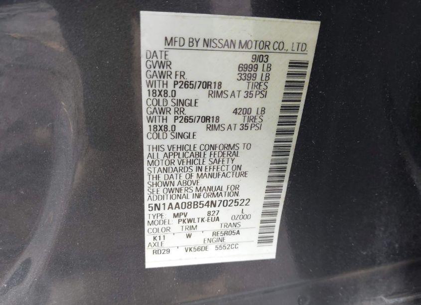 Photo 9 of 2004 Nissan Pathfinder ARMADA SE (VIN 5N1AA08B54N702522)