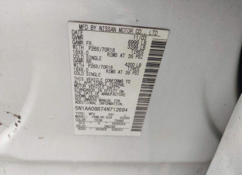 Photo 9 of 2004 Nissan Pathfinder ARMADA LE (VIN 5N1AA08B74N712694)