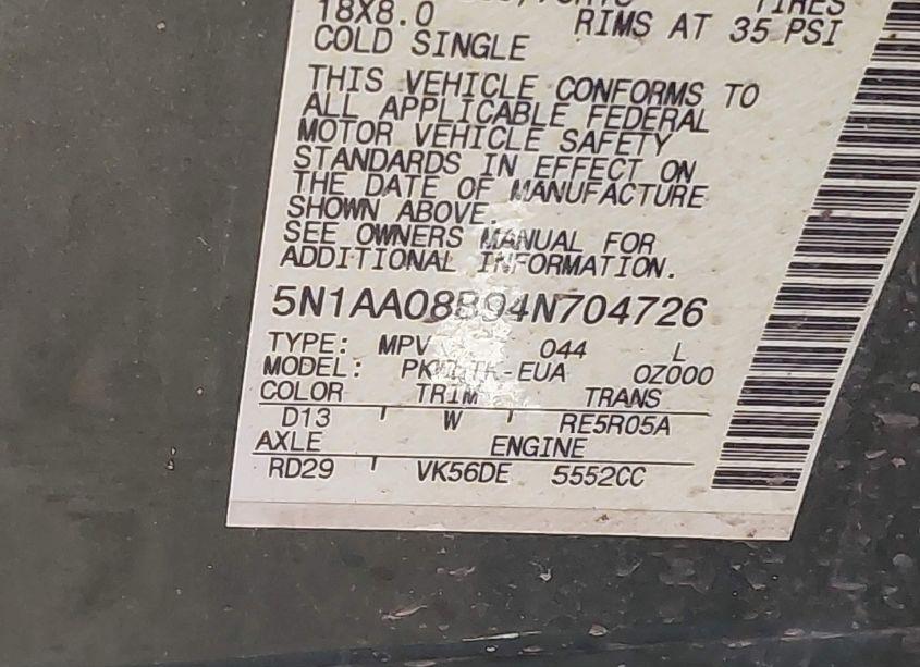 Photo 9 of 2004 Nissan Pathfinder ARMADA SE (VIN 5N1AA08B94N704726)