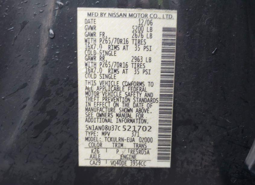 Photo 9 of 2007 Nissan Xterra S (VIN 5N1AN08U37C521702)