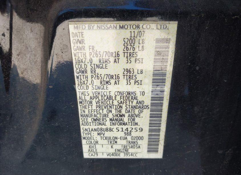 Photo 9 of 2008 Nissan Xterra X (VIN 5N1AN08U88C514259)