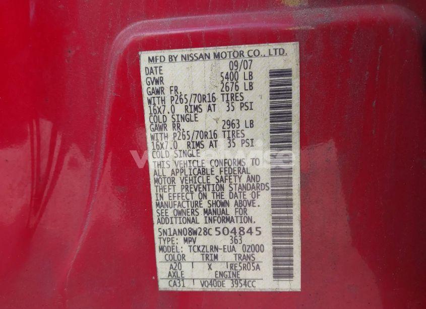 Photo 9 of 2008 Nissan Xterra S (VIN 5N1AN08W28C504845)