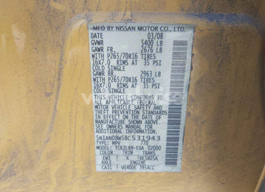 Photo 9 of 2008 Nissan Xterra S (VIN 5N1AN08W58C531943)