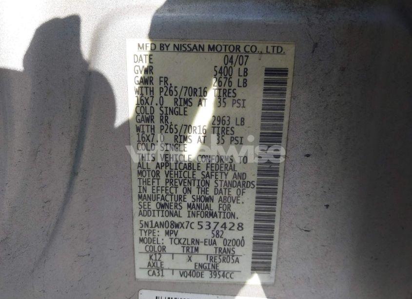 Photo 9 of 2007 Nissan Xterra S (VIN 5N1AN08WX7C537428)