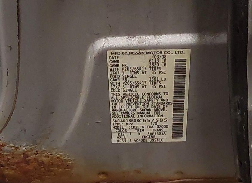 Photo 9 of 2008 Nissan Pathfinder SE (VIN 5N1AR18B08C657585)
