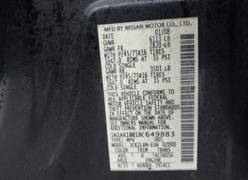 Photo 9 of 2008 Nissan Pathfinder S (VIN 5N1AR18B18C649883)