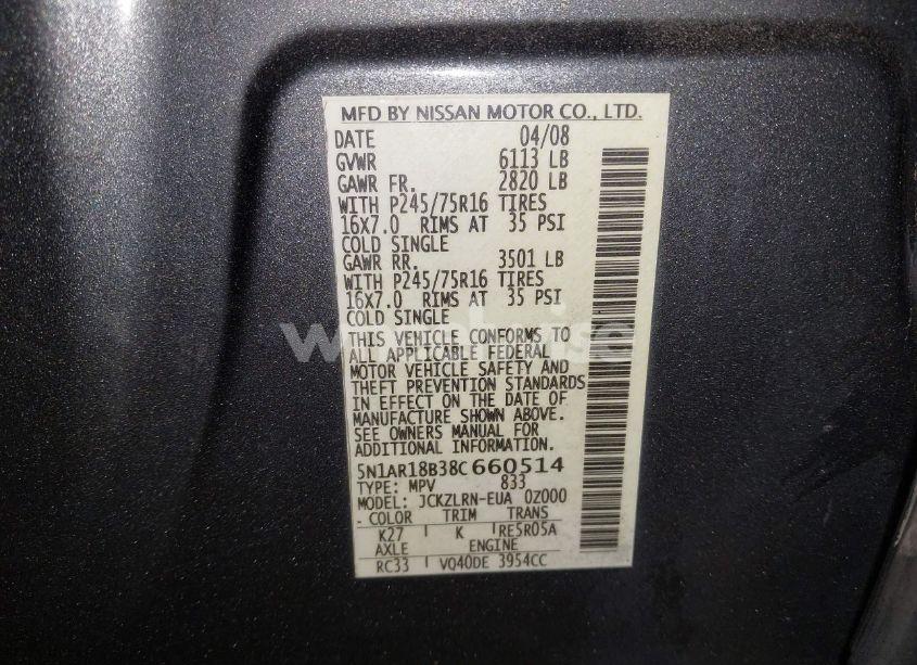 Photo 9 of 2008 Nissan Pathfinder S (VIN 5N1AR18B38C660514)