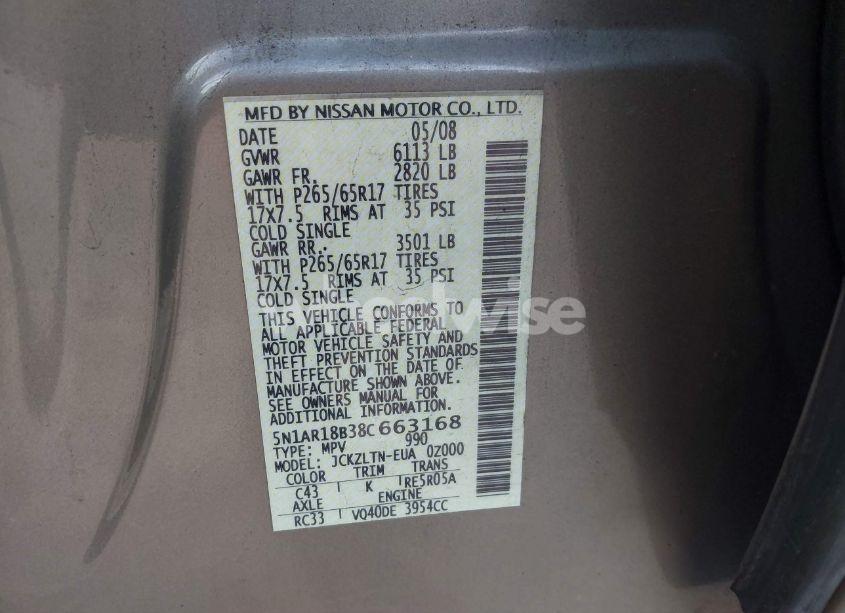Photo 9 of 2008 Nissan Pathfinder SE (VIN 5N1AR18B38C663168)