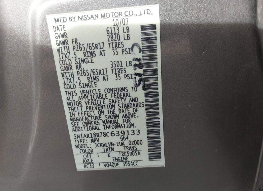 Photo 9 of 2008 Nissan Pathfinder LE (VIN 5N1AR18B78C639133)