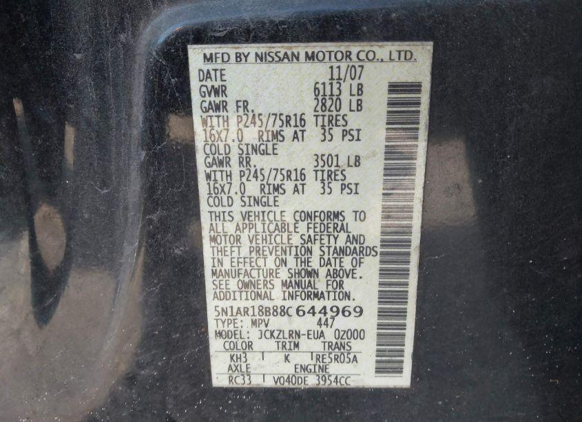 Photo 9 of 2008 Nissan Pathfinder S (VIN 5N1AR18B88C644969)