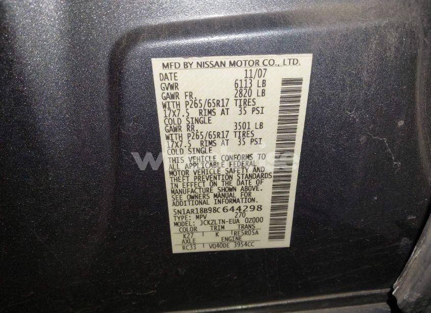 Photo 9 of 2008 Nissan Pathfinder SE (VIN 5N1AR18B98C644298)