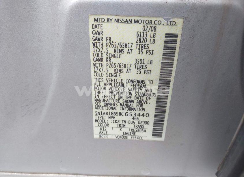 Photo 9 of 2008 Nissan Pathfinder SE (VIN 5N1AR18B98C653440)