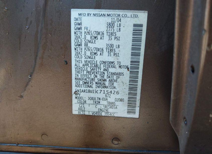 Photo 9 of 2005 Nissan Pathfinder SE (VIN 5N1AR18U15C715426)