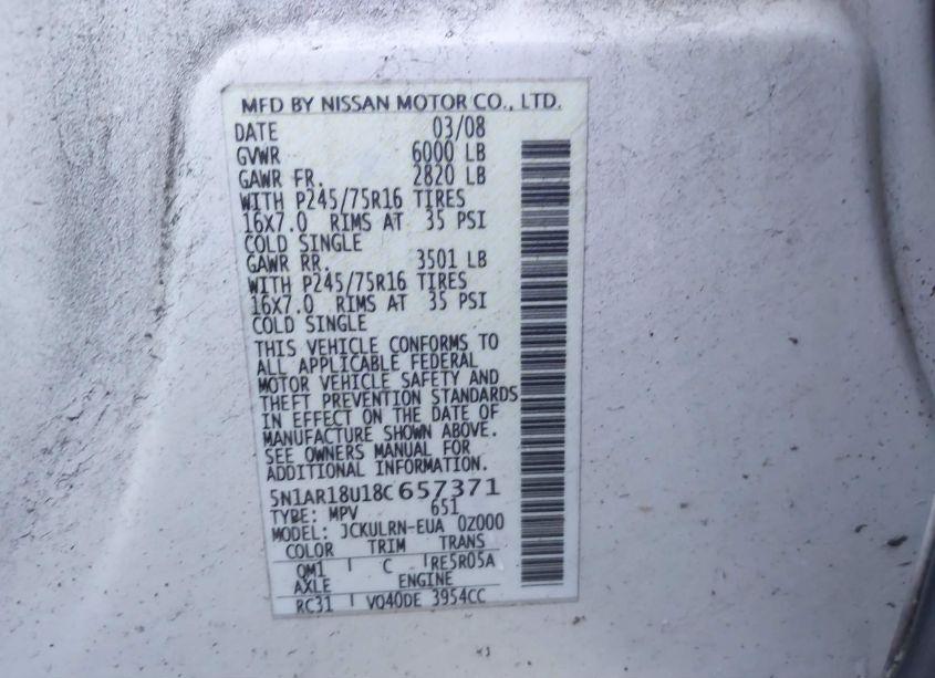 Photo 9 of 2008 Nissan Pathfinder S (VIN 5N1AR18U18C657371)