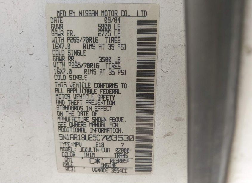 Photo 9 of 2005 Nissan Pathfinder SE (VIN 5N1AR18U25C703530)