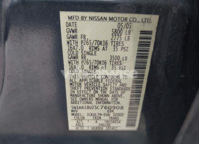 Photo 9 of 2005 Nissan Pathfinder SE (VIN 5N1AR18U25C760908)