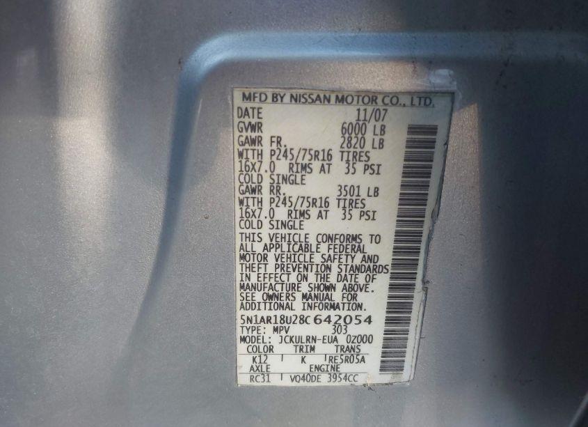 Photo 9 of 2008 Nissan Pathfinder S (VIN 5N1AR18U28C642054)