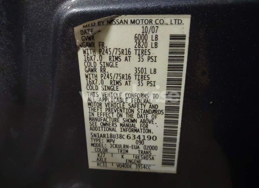 Photo 9 of 2008 Nissan Pathfinder S (VIN 5N1AR18U38C634190)