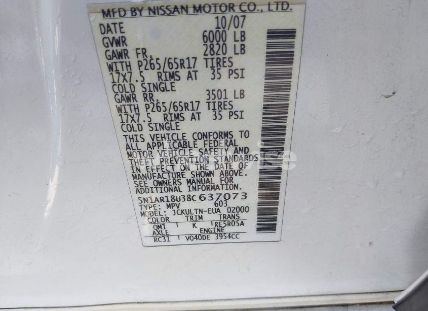 Photo 9 of 2008 Nissan Pathfinder SE (VIN 5N1AR18U38C637073)