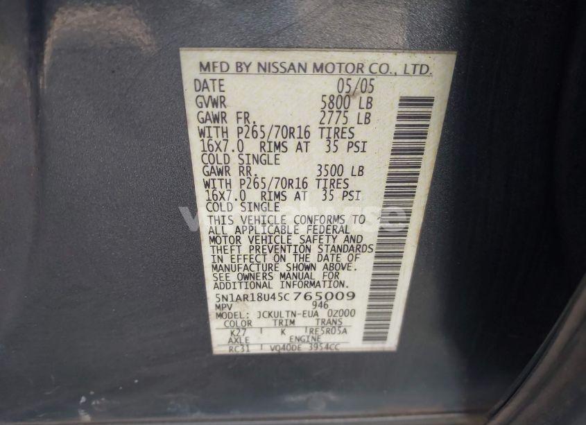 Photo 9 of 2005 Nissan Pathfinder SE (VIN 5N1AR18U45C765009)