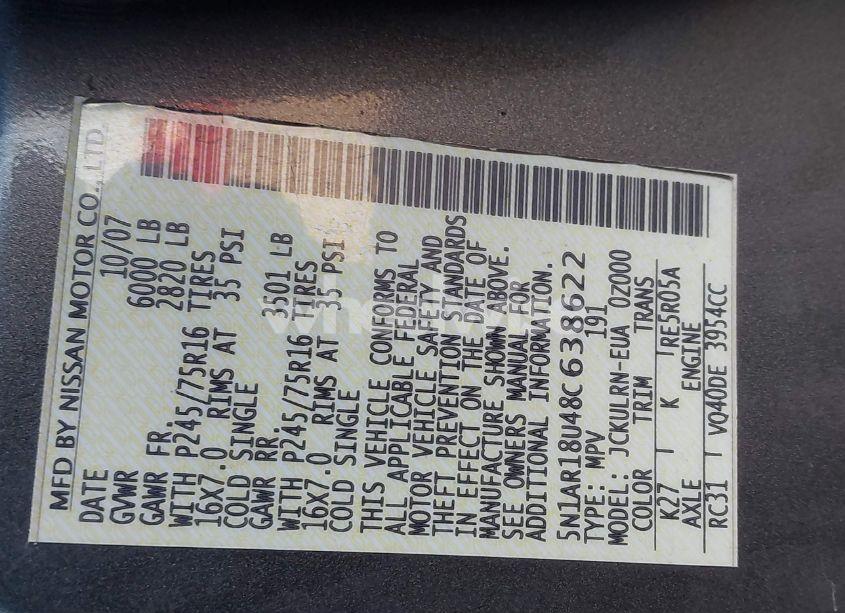 Photo 9 of 2008 Nissan Pathfinder S (VIN 5N1AR18U48C638622)