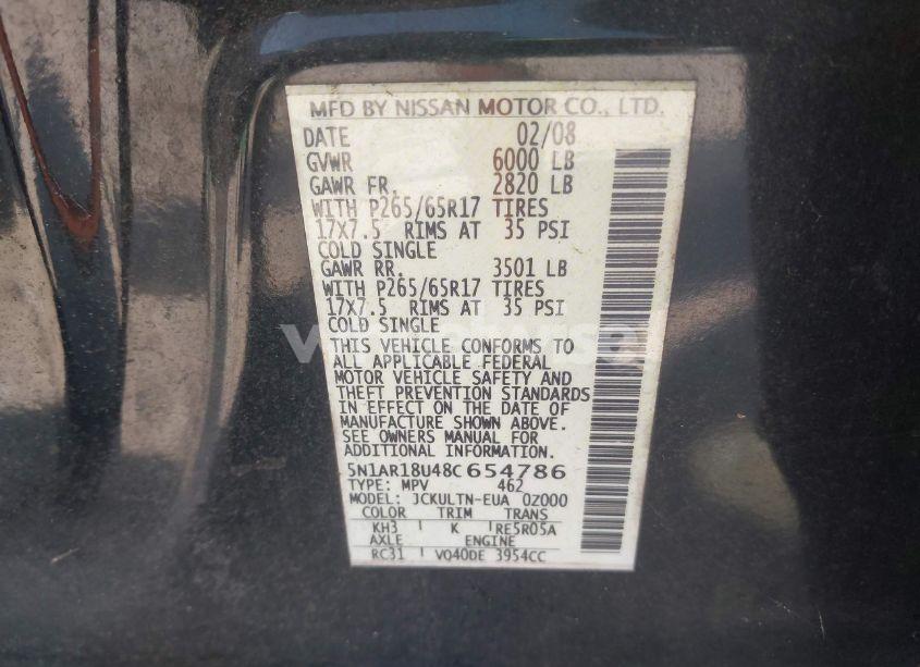 Photo 9 of 2008 Nissan Pathfinder SE (VIN 5N1AR18U48C654786)