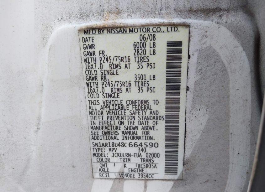 Photo 9 of 2008 Nissan Pathfinder S (VIN 5N1AR18U48C664590)