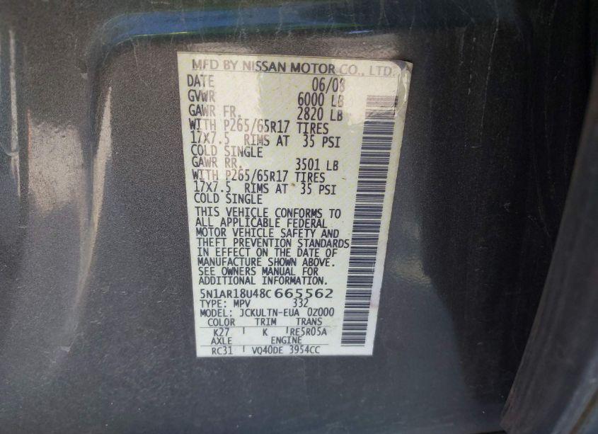 Photo 9 of 2008 Nissan Pathfinder SE (VIN 5N1AR18U48C665562)