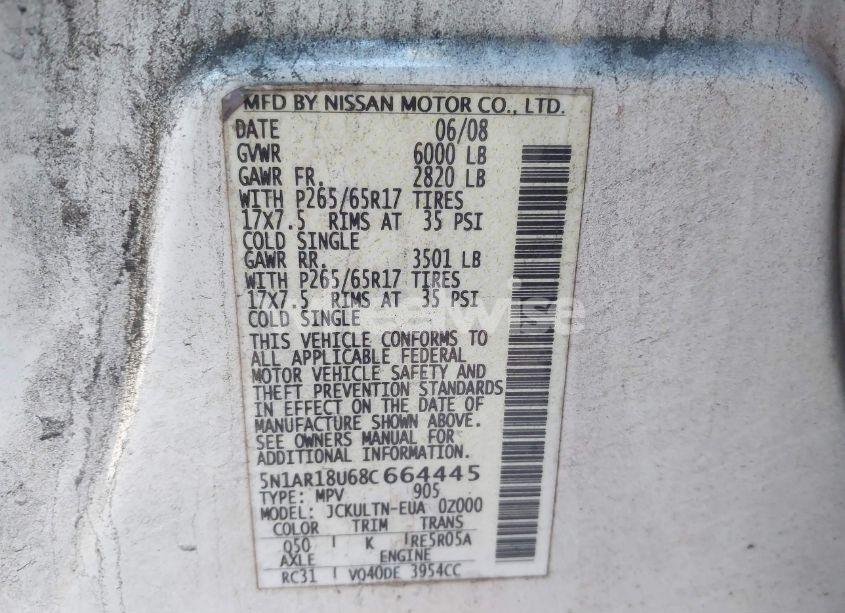 Photo 9 of 2008 Nissan Pathfinder SE (VIN 5N1AR18U68C664445)