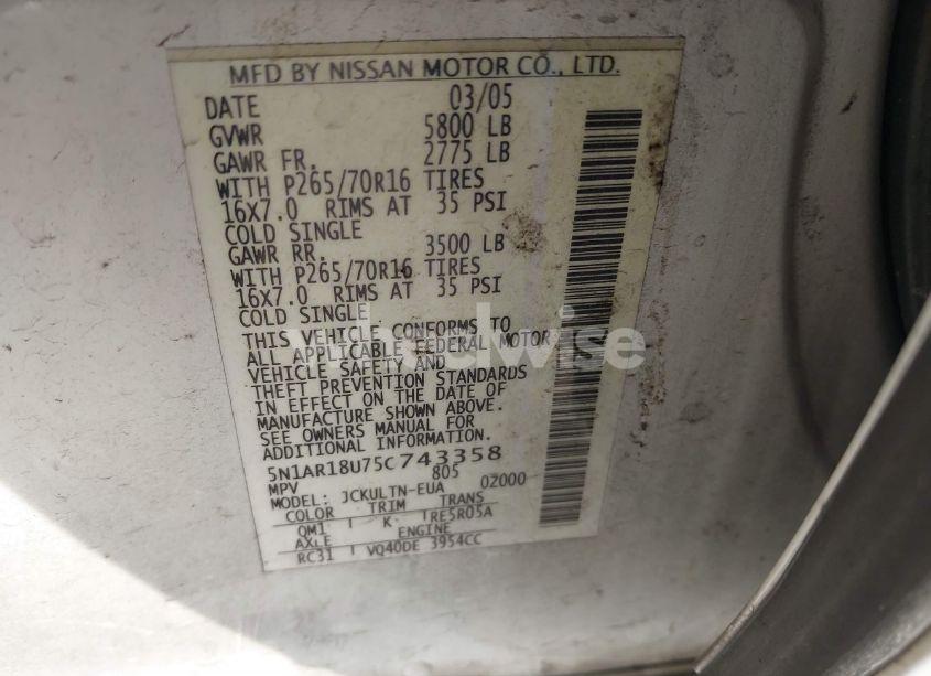 Photo 9 of 2005 Nissan Pathfinder SE (VIN 5N1AR18U75C743358)
