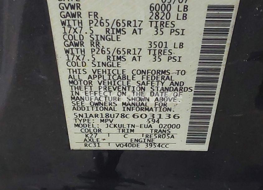 Photo 9 of 2008 Nissan Pathfinder SE (VIN 5N1AR18U78C603136)