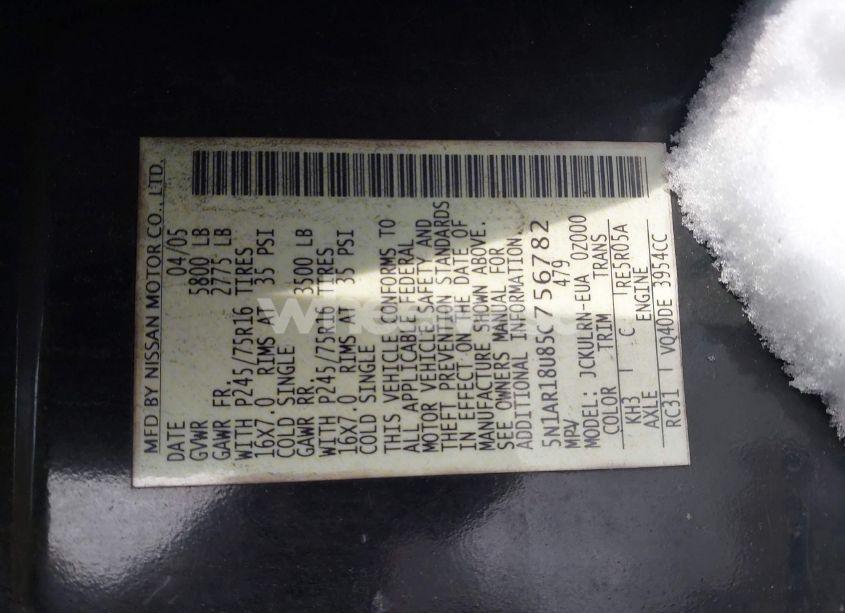 Photo 9 of 2005 Nissan Pathfinder XE (VIN 5N1AR18U85C756782)