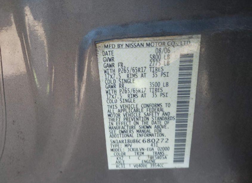 Photo 9 of 2006 Nissan Pathfinder LE (VIN 5N1AR18U86C680272)