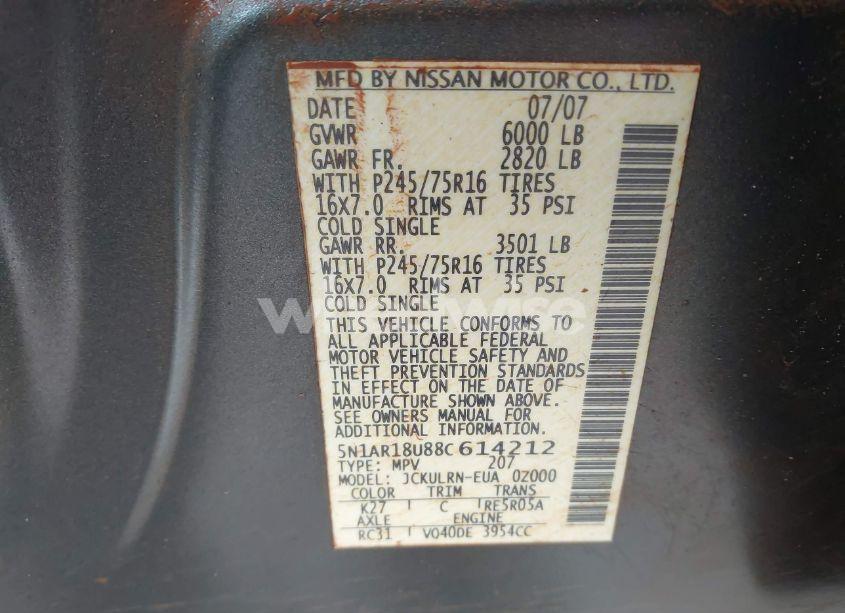 Photo 9 of 2008 Nissan Pathfinder S (VIN 5N1AR18U88C614212)